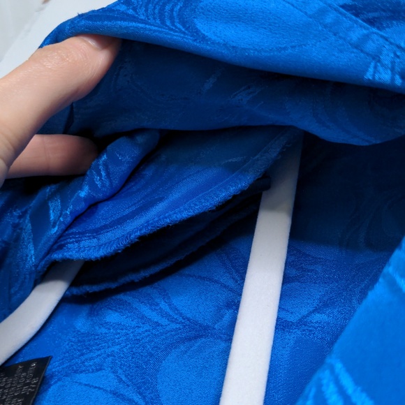 Vintage 80s 90s cobalt blue shimmer paisley button down pleated dress w belt - Picture 6 of 8